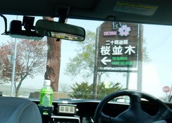 タクシーから写した大門の桜並木看板